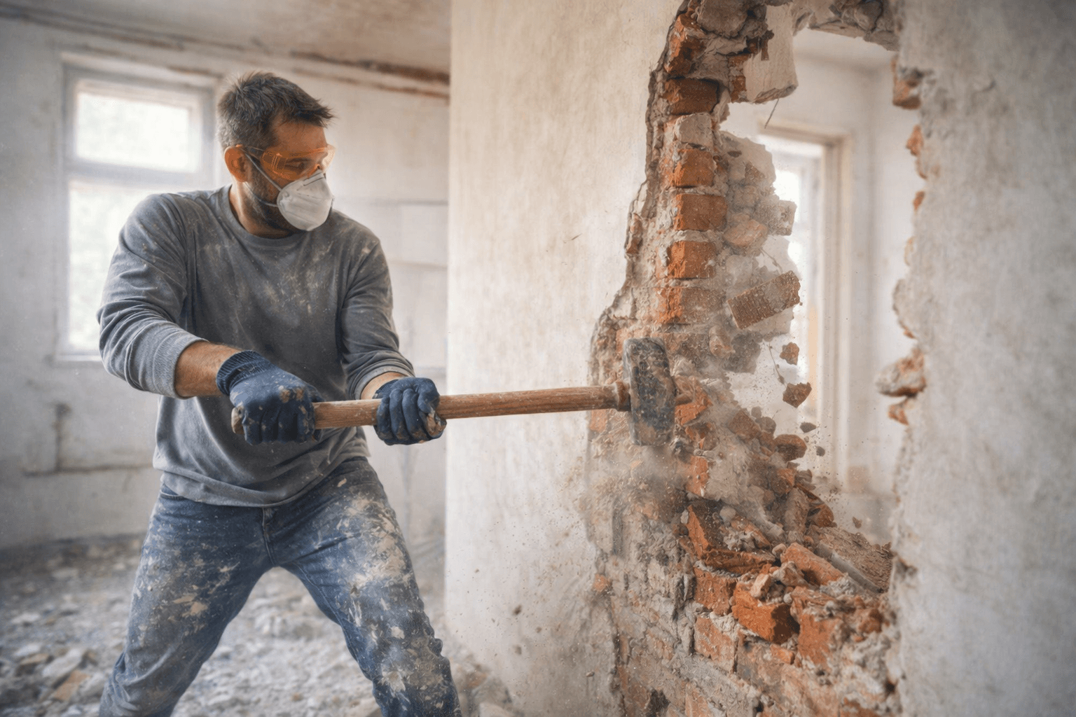 Arbeiter beim Abbruch einer Trennwand